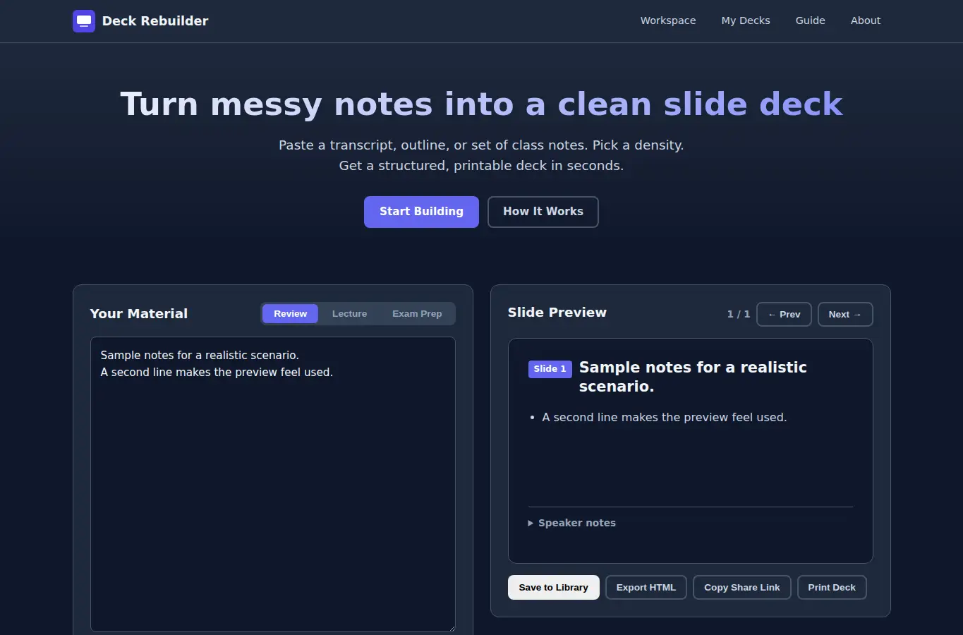 Screenshot of Personal Lecture Slide Deck Rebuilder interface showing the project page in use